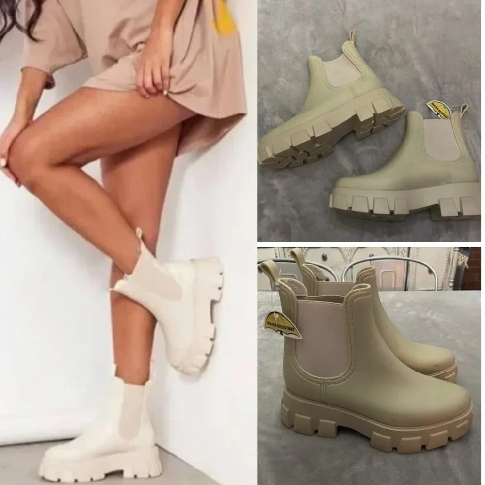 New! Jeffrey Campbell Pleu Platform Lug Sole Chelsea Rain Boot in Cream
